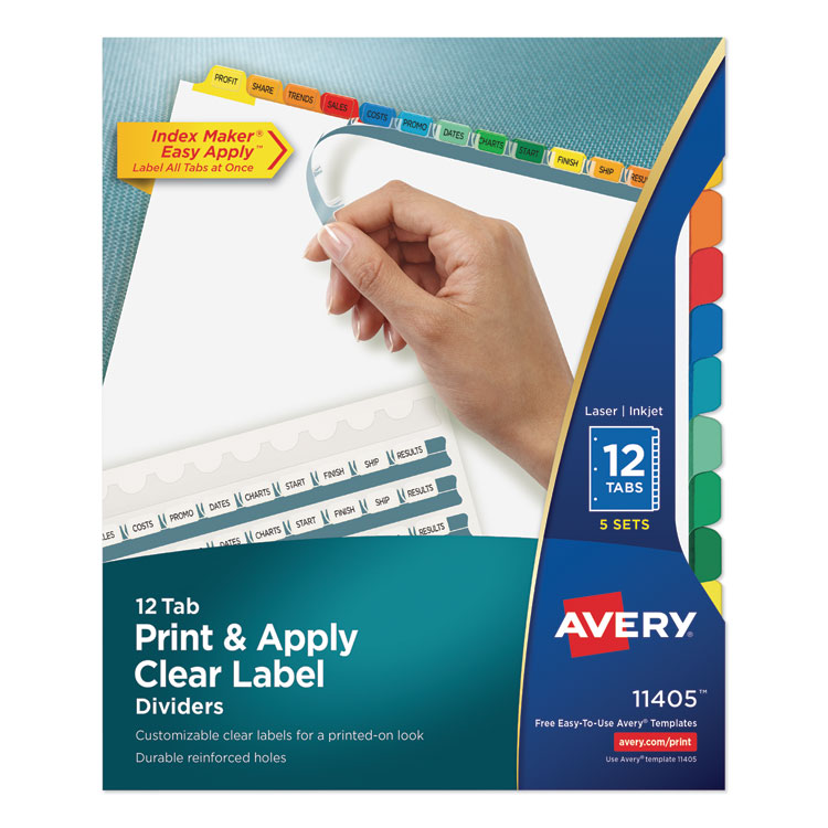 Avery Print and Apply Index Maker Clear Label Dividers, 12-Tab, Color Tabs, 11 x 8.5, White, 5 Sets (AVE11405)