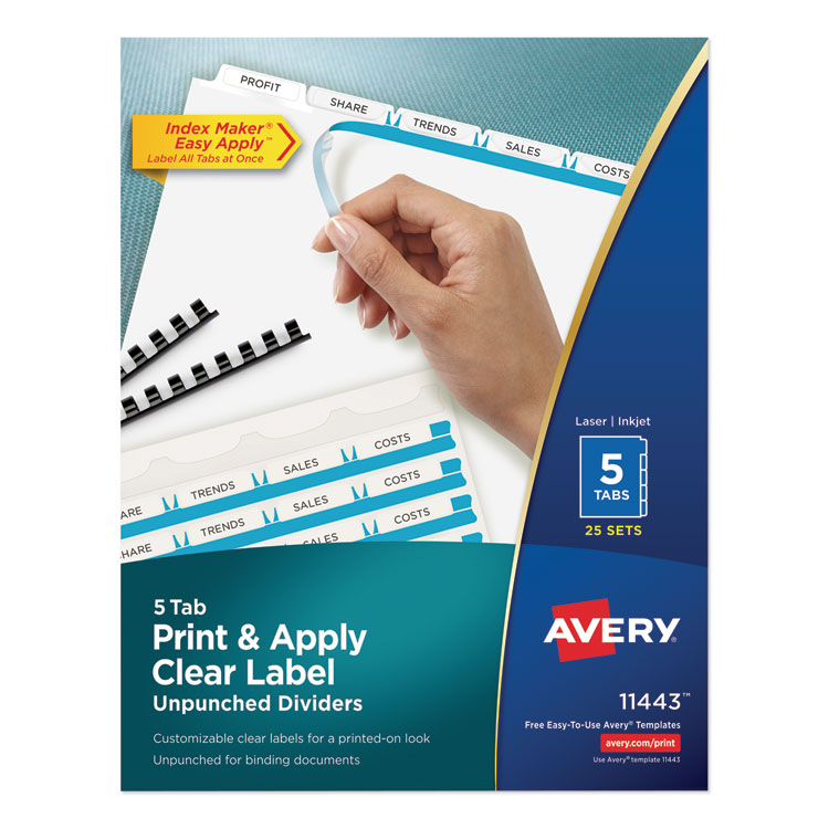 Avery Print and Apply Index Maker Clear Label Unpunched Dividers, 5-Tab, 11 x 8.5, White, 25 Sets (AVE11443)
