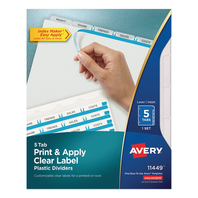 Avery Print and Apply Index Maker Clear Label Plastic Dividers w/Printable Label Strip, 5-Tab, 11 x 8.5, Frosted Clear Tabs, 1 Set (AVE11449)
