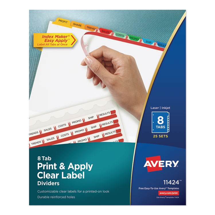 Avery Print and Apply Index Maker Clear Label Dividers, 8-Tab, Color Tabs, 11 x 8.5, White, Traditional Color Tabs, 25 Sets (AVE11424)