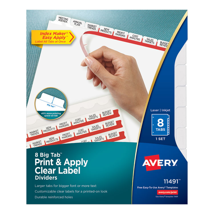 Avery Print and Apply Index Maker Clear Label Dividers, Big Tab, 8-Tab, 11 x 8.5, White, 1 Set (AVE11491)