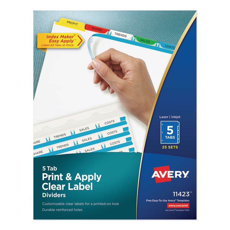 Avery Print and Apply Index Maker Clear Label Dividers, 5-Tab, Color Tabs, 11 x 8.5, White, Traditional Color Tabs, 25 Sets (AVE11423)