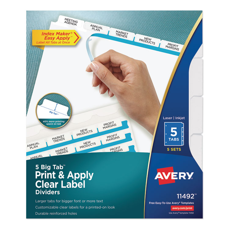 Avery Print and Apply Index Maker Clear Label Dividers, Big Tab, 5-Tab, White Tabs, 11 x 8.5, White, 5 Sets (AVE11492)
