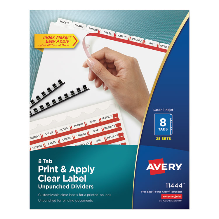 Avery Print and Apply Index Maker Clear Label Unpunched Dividers, 8-Tab, 11 x 8.5, White, White Tabs, 25 Sets (AVE11444)