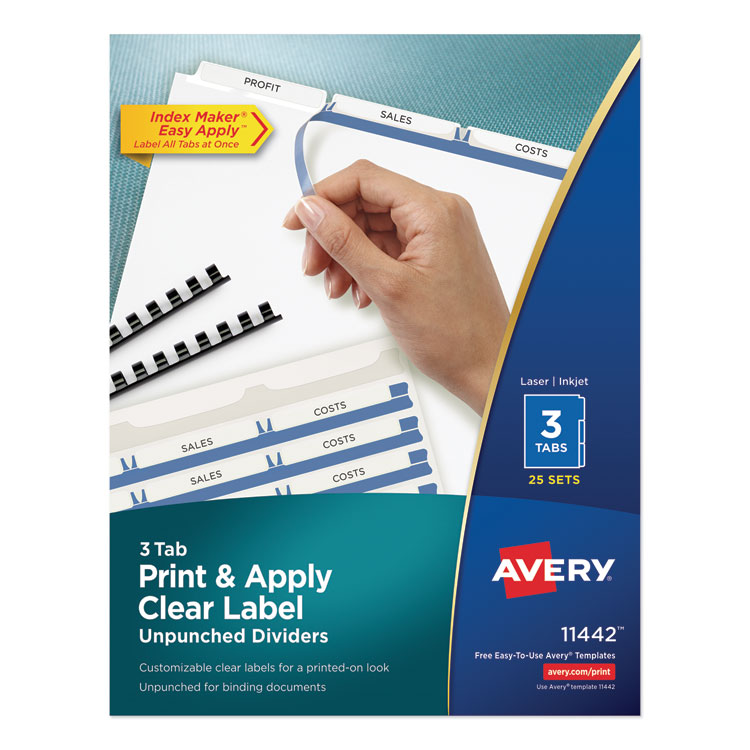 Avery Print and Apply Index Maker Clear Label Unpunched Dividers, 3-Tab, 11 x 8.5, White, 25 Sets (AVE11442)