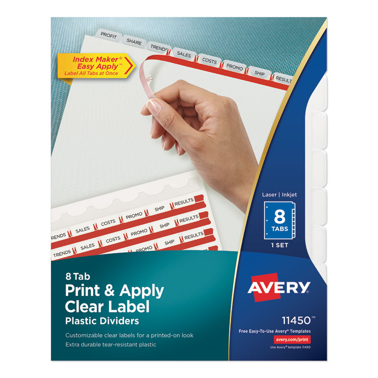 Avery Print and Apply Index Maker Clear Label Plastic Dividers w/Printable Label Strip, 8-Tab, 11 x 8.5, Frosted Clear Tabs, 1 Set (AVE11450)