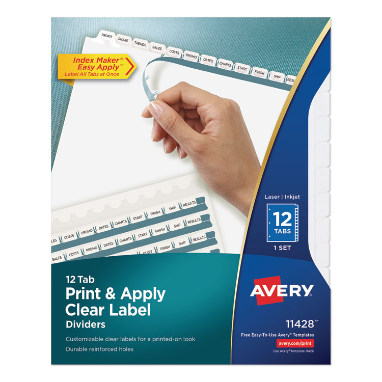 Avery Print and Apply Index Maker Clear Label Dividers, 12-Tab, White Tabs, 11 x 8.5, White, 1 Set (AVE11428)