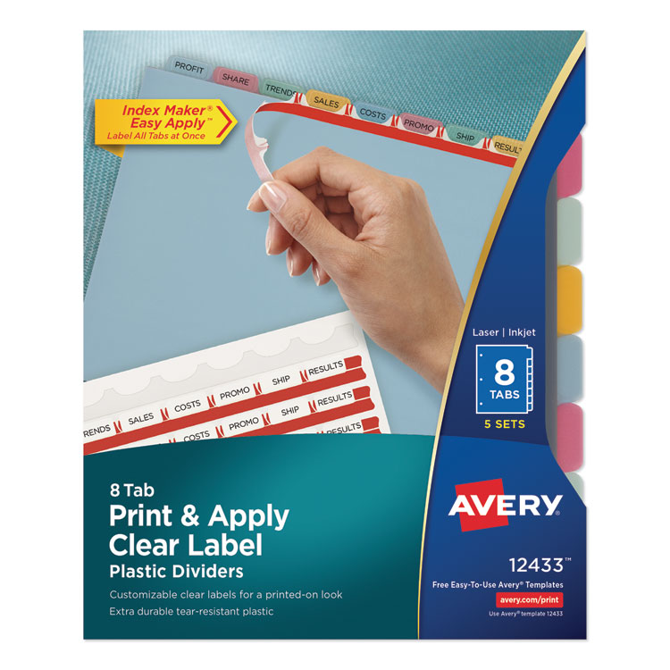 Avery Print and Apply Index Maker Clear Label Plastic Dividers with Printable Label Strip, 8-Tab, 11 x 8.5, Assorted Tabs, 5 Sets (AVE12433)