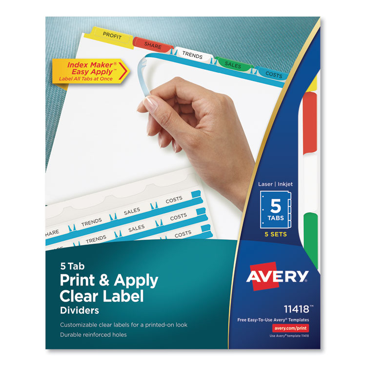 Avery Print and Apply Index Maker Clear Label Dividers, 5-Tab, Color Tabs, 11 x 8.5, White, Traditional Color Tabs, 5 Sets (AVE11418)