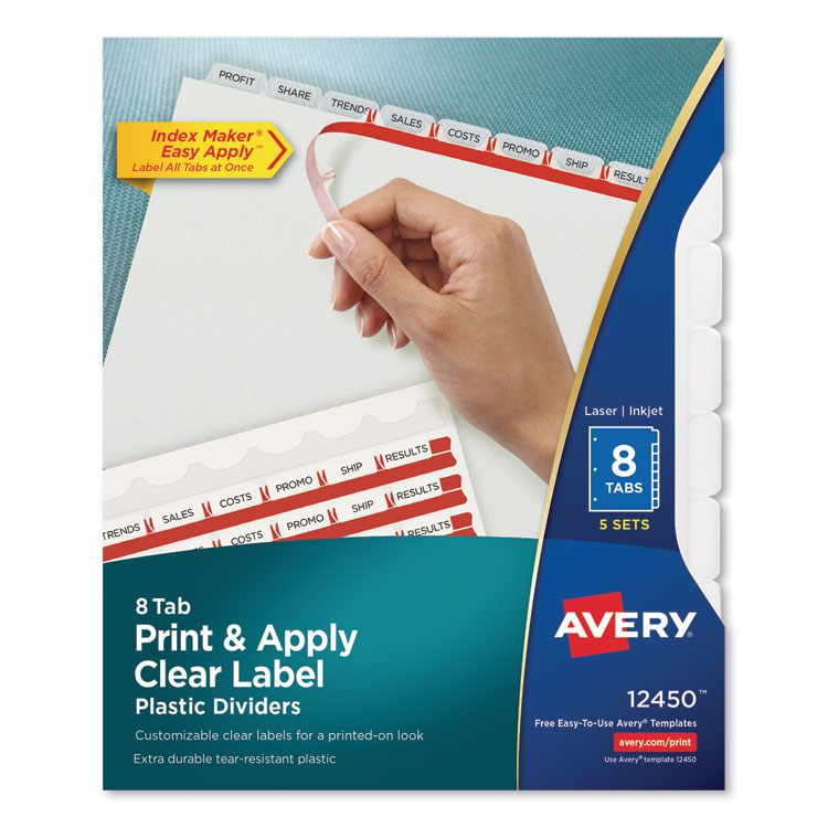 Avery Print and Apply Index Maker Clear Label Plastic Dividers w/Printable Label Strip, 8-Tab, 11 x 8.5, Frosted Clear Tabs, 5 Sets (AVE12450)
