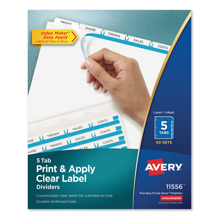 Avery Print and Apply Index Maker Clear Label Dividers, 5-Tab, White Tabs, 11 x 8.5, White, 50 Sets (AVE11556)