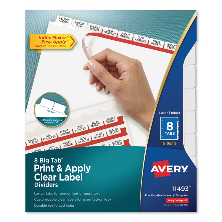 Avery Print and Apply Index Maker Clear Label Dividers, Big Tab, 8-Tab, 11 x 8.5, White, 5 Sets (AVE11493)