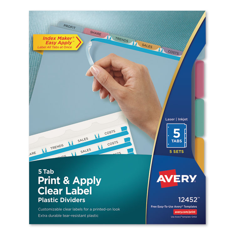 Avery Print and Apply Index Maker Clear Label Plastic Dividers with Printable Label Strip, 5-Tab, 11 x 8.5, Assorted Tabs, 5 Sets (AVE12452)