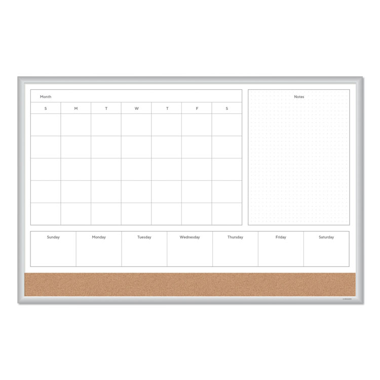 U Brands 4N1 Magnetic Dry Erase Combo Board, Week/Month Planning, 36 x 24 (Actual Size: 35 x 23), Tan/WH Surface, Satin Aluminum Frame (UBR3891U0001)