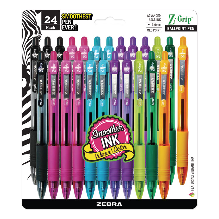 Zebra Z-Grip Ballpoint Pen, Retractable, Medium 1 mm, Assorted Artistic Ink and Barrel Colors, 24/Pack (ZEB12271)