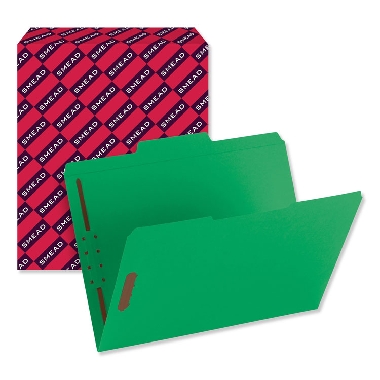 Smead Top Tab Colored Fastener Folders, 0.75" Expansion, 2 Fasteners, Letter Size, Green Exterior, 50/Box (SMD12140)