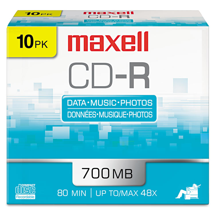 Maxell CD-R Recordable Disc, 700 MB/80 min, 48x, Slim Jewel Case, Silver, 10/Pack (MAX648210)