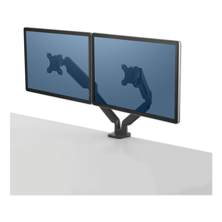 Fellowes Platinum Series Dual Monitor Arm for 27" Monitors, 360 deg Rotation, +85 deg/-20 deg Tilt, 360 deg Pan, Black, Supports 20 lb (FEL8042501)