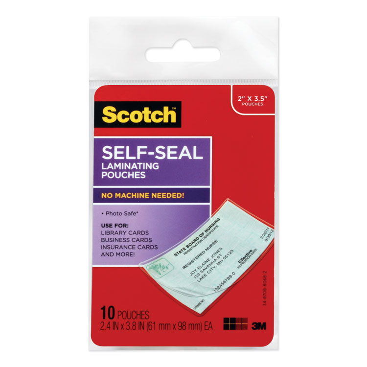 Scotch Self-Sealing Laminating Pouches, 9 mil, 3.8" x 2.4", Gloss Clear, 10/Pack (MMMLS85110G)