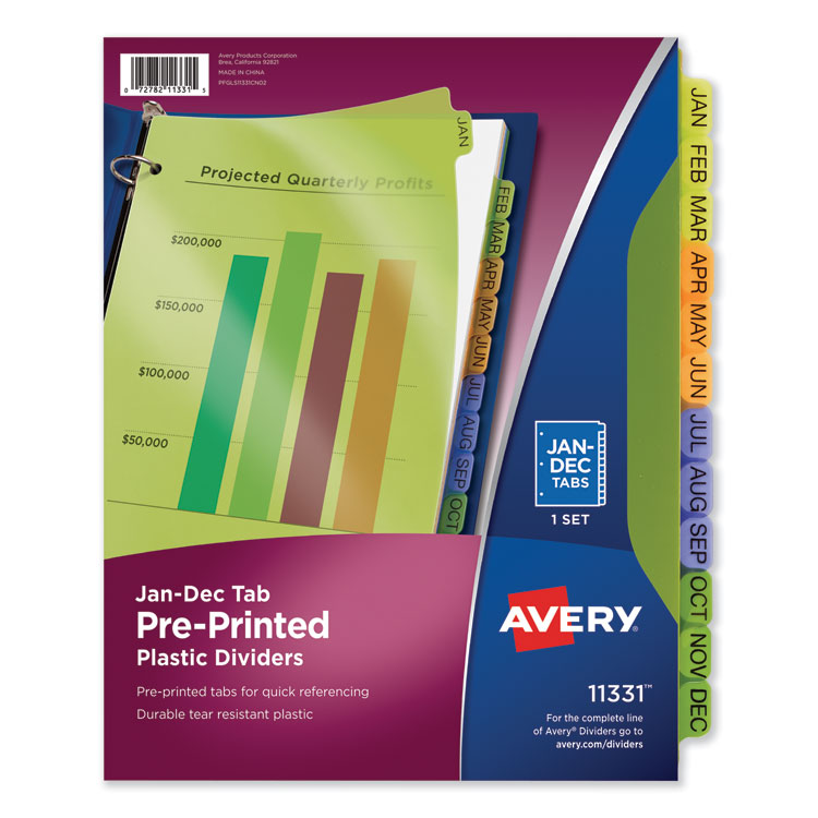 Avery Durable Preprinted Plastic Tab Dividers, 12-Tab, Jan. to Dec., 11 x 8.5, Assorted, 1 Set (AVE11331)