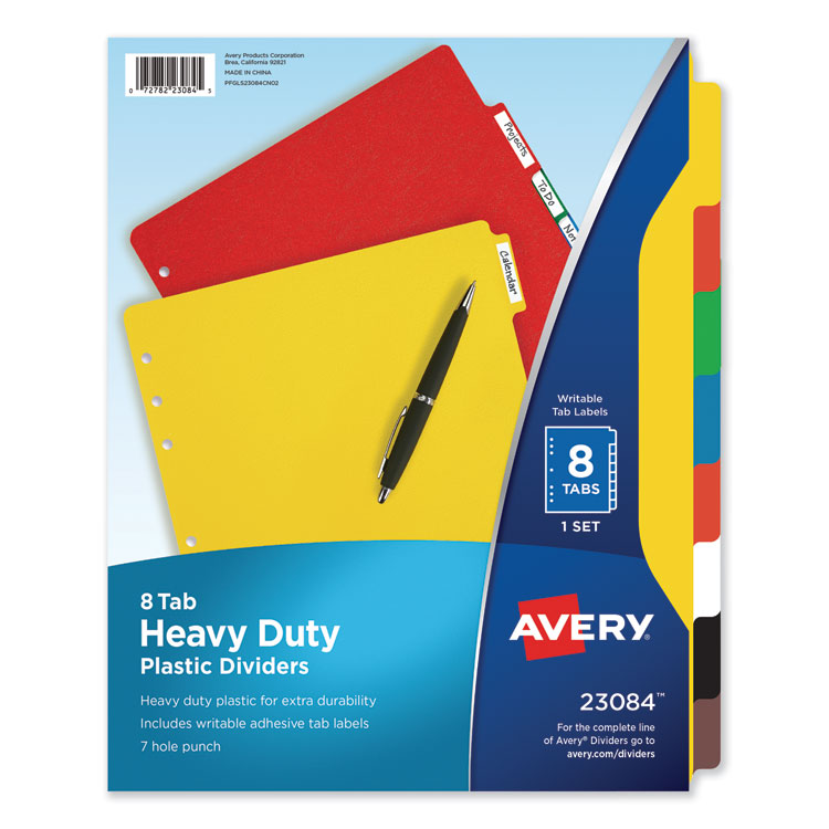 Avery Heavy-Duty Plastic Dividers with Multicolor Tabs and White Labels , 8-Tab, 11 x 8.5, Assorted, 1 Set (AVE23084)