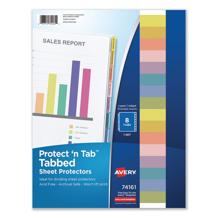 Avery Protect 'n Tab Sheet Protectors, 8-Tabs, Heavy-Duty, Side: 3-Hole Punched, Top Load 8.5 x 11 Insert, Clear, 8/Set (AVE74161)