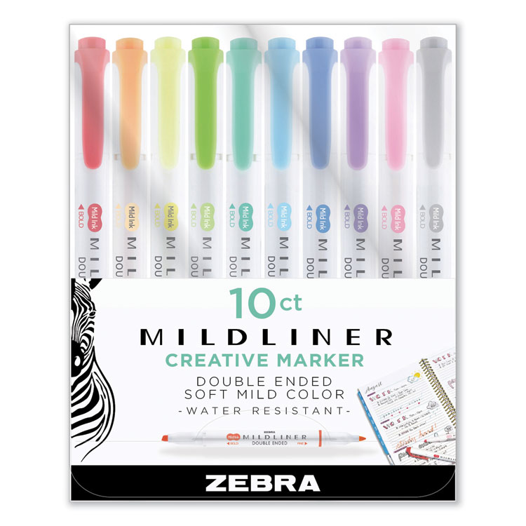 Zebra Mildliner Double Ended Highlighter, Assorted Ink Colors, Bold-Chisel/Fine-Bullet Tips, Assorted Barrel Colors, 10/Set (ZEB78101)