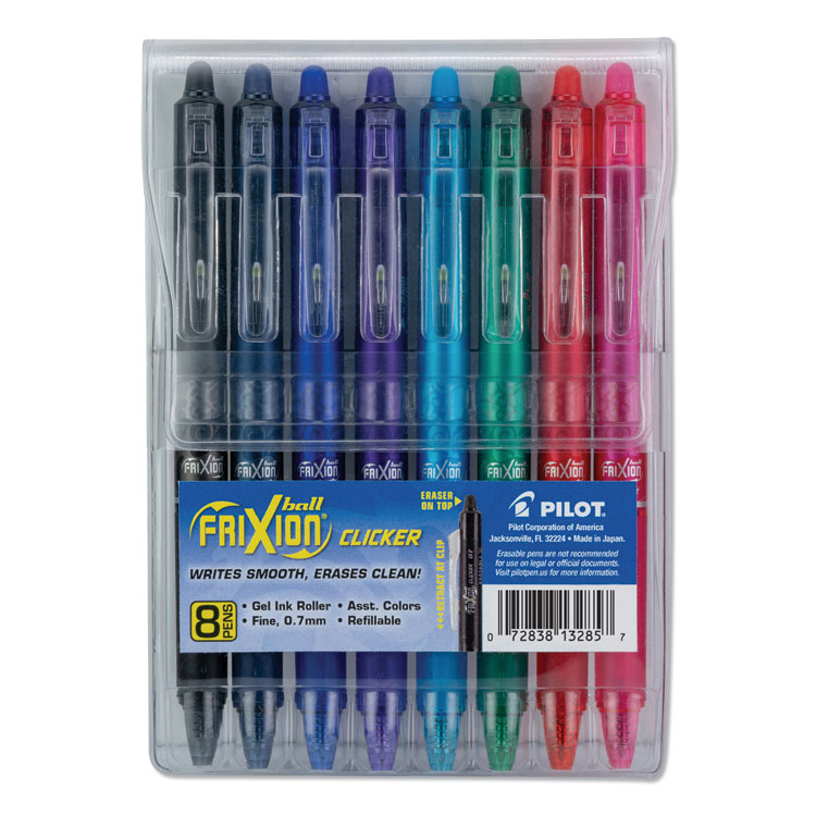 Pilot FriXion Clicker Erasable Gel Pen, Retractable, Fine 0.7 mm, Assorted Ink and Barrel Colors, 8/Pack (PIL13285)