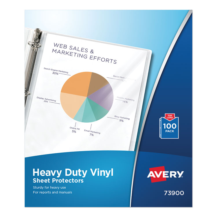 Avery Heavy Duty Vinyl Sheet Protector Value Pack, Side: 3-Hole Punched, Top Load 8.5 x 11 Insert, Clear Front, 100/Box (AVE73900)