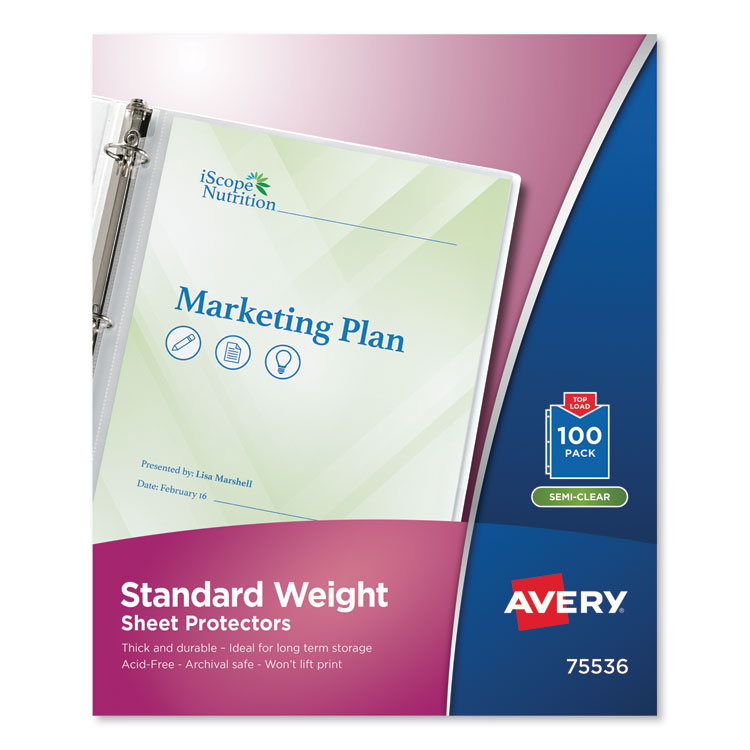Avery Standard Weight Sheet Protector, Medium-Duty, Side: 3-Hole Punched, Top Load 8.5 x 11 Insert, Semi-Clear Front, 100/Box (AVE75536)