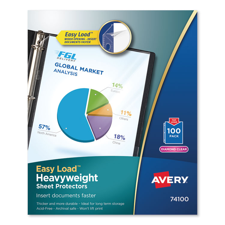 Avery Heavyweight Easy Load Diamond Clear Sheet Protector, Side: 3-Hole Punched, Top Load 8.5 x 11 Insert, Clear Front, 100/Box (AVE74100)