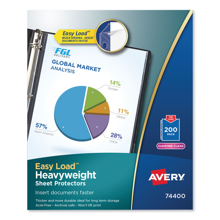 Avery Heavyweight Easy Load Diamond Clear Sheet Protector, Side: 3-Hole Punched, Top Load 8.5 x 11 Insert, Clear Front, 200/Box (AVE74400)