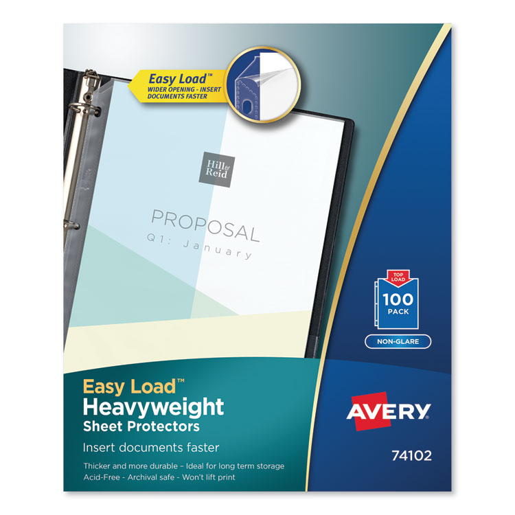 Avery Heavyweight Easy Load Non-Glare Sheet Protector, Side: 3-Hole Punched, Top Load 8.5 x 11 Insert, Clear Front, 100/Box (AVE74102)