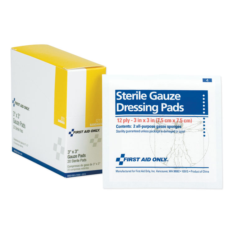 First Aid Only Gauze Dressing Pads, Sterile, 3 x 3, 10 Dual-Pads/Box (FAOI211)