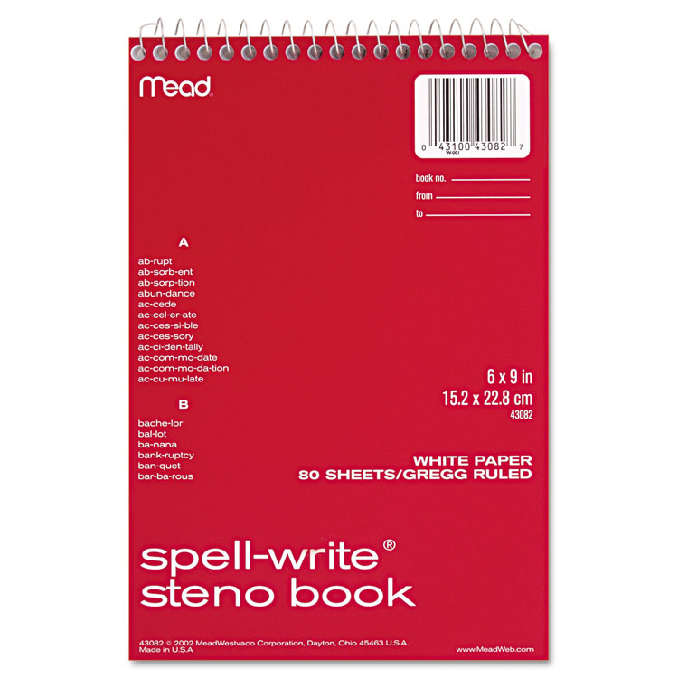 Mead Spell-Write Wirebound Steno Pad, Gregg Rule, Randomly Assorted Cover Colors, 80 White 6 x 9 Sheets (MEA43082)