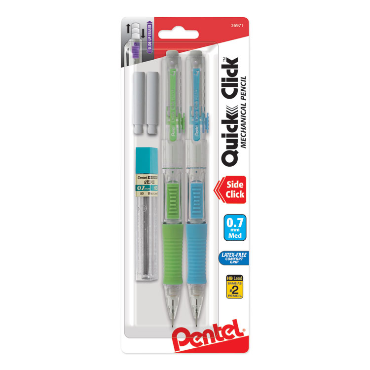 Pentel QUICK CLICK Mechanical Pencils with Tube of Lead/Erasers, 0.7 mm, HB (#2), Black Lead, Assorted Barrel Colors, 2/Pack (PENPD217LEBP2)