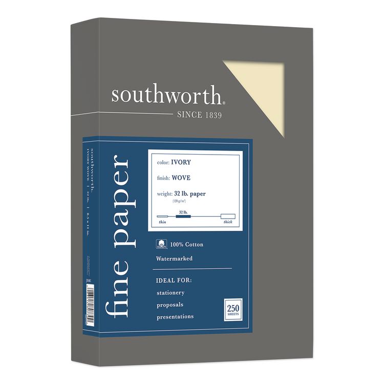 Southworth 100% Cotton Business Paper, 32 lb Bond Weight, 8.5 x 11, Ivory, 250/Pack (SOUJD18IC)