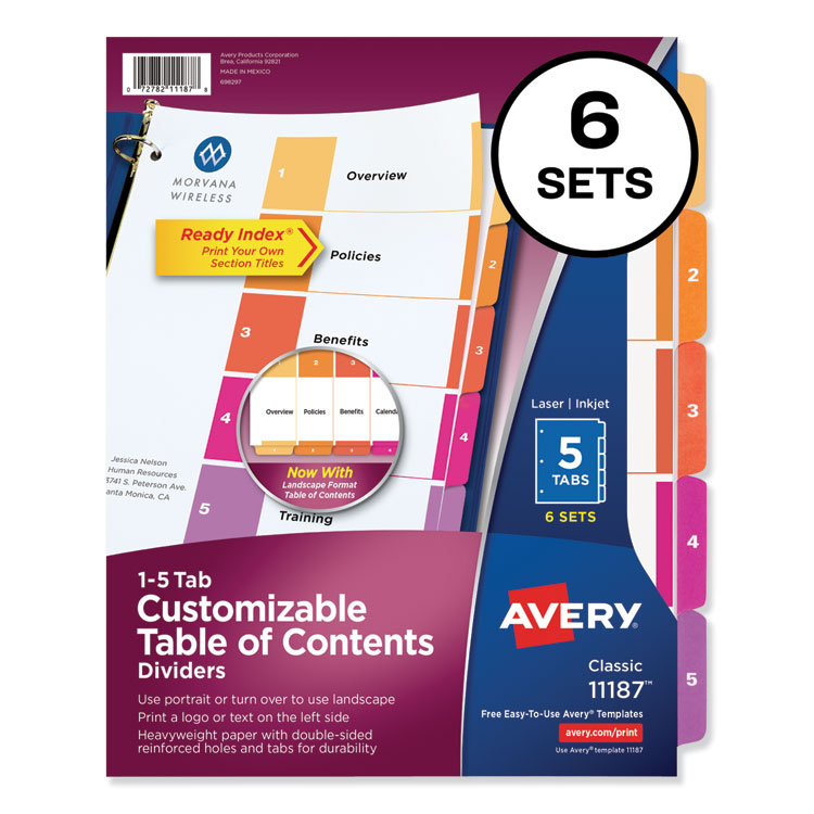 Avery Customizable TOC Ready Index Multicolor Tab Dividers, 5-Tab, 1 to 5, 11 x 8.5, White, Traditional Color Tabs, 6 Sets (AVE11187)