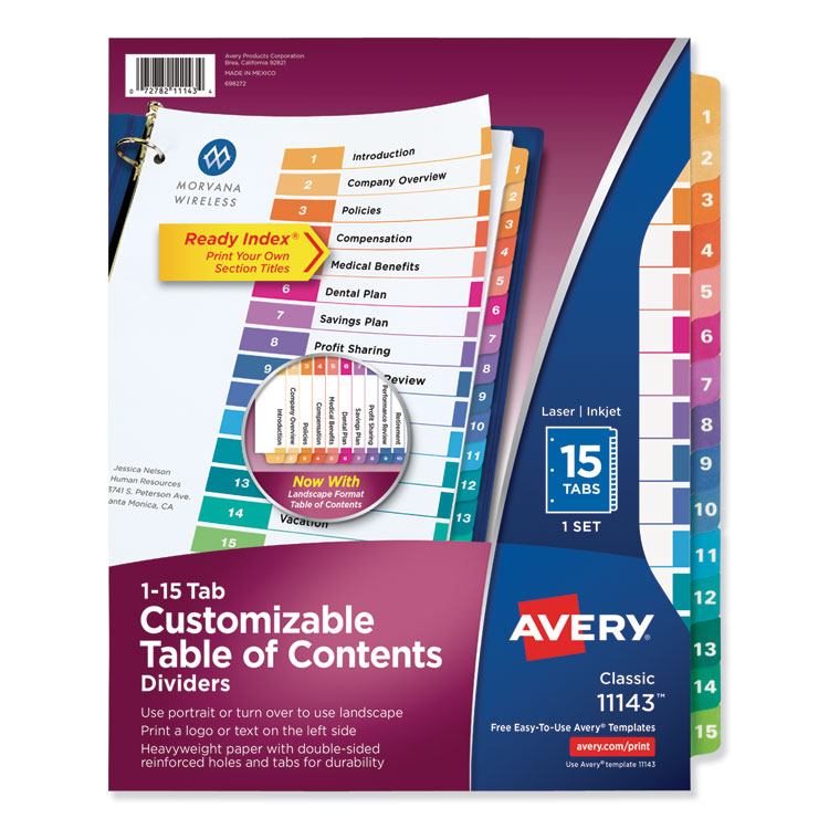 Avery Customizable TOC Ready Index Multicolor Tab Dividers, 15-Tab, 1 to 15, 11 x 8.5, White, Traditional Color Tabs, 1 Set (AVE11143)