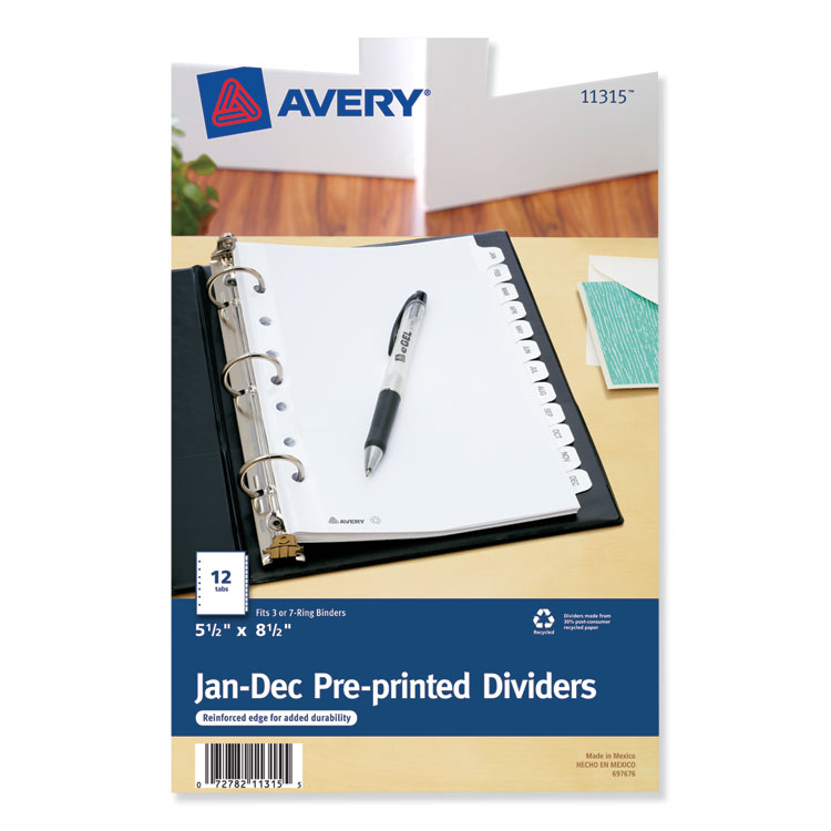 Avery Preprinted Tab Dividers, 12-Tab, Jan. to Dec., 8.5 x 5.5, White, 1 Set (AVE11315)