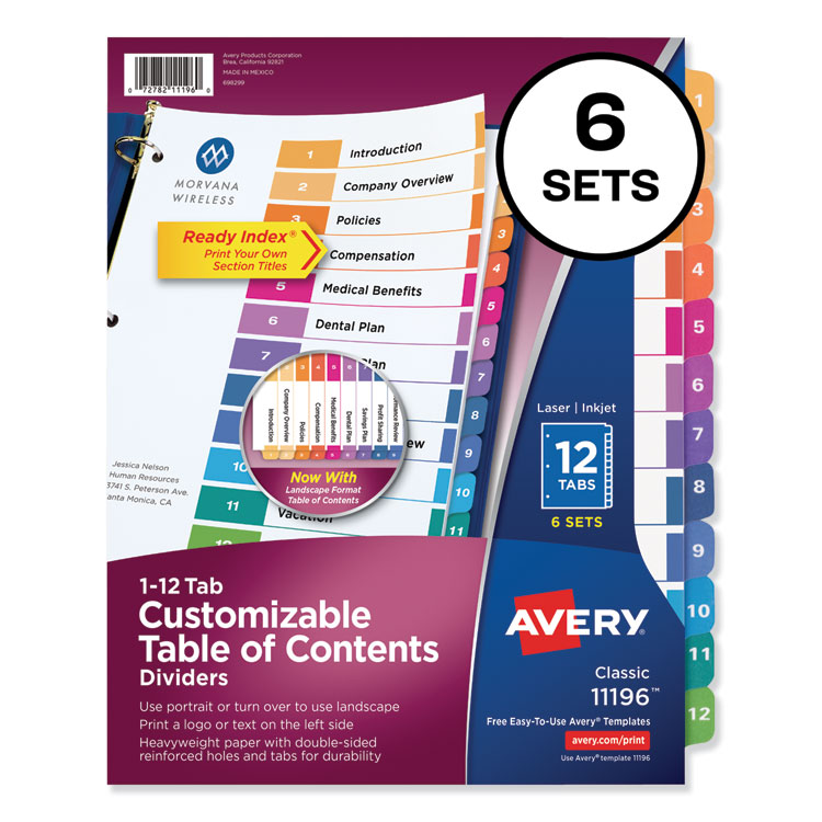 Avery Customizable TOC Ready Index Multicolor Tab Dividers, 12-Tab, 1 to 12, 11 x 8.5, White, Traditional Color Tabs, 6 Sets (AVE11196)