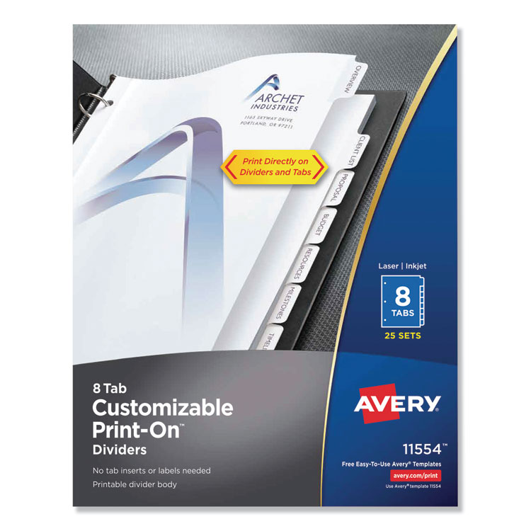 Avery Customizable Print-On Dividers, 3-Hole Punched, 8-Tab, 11 x 8.5, White, 25 Sets (AVE11554)