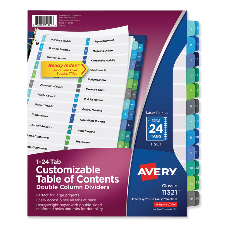 Avery Customizable TOC Ready Index Double Column Multicolor Tab Dividers, 24-Tab, 1 to 24, 11 x 8.5, White, 1 Set (AVE11321)