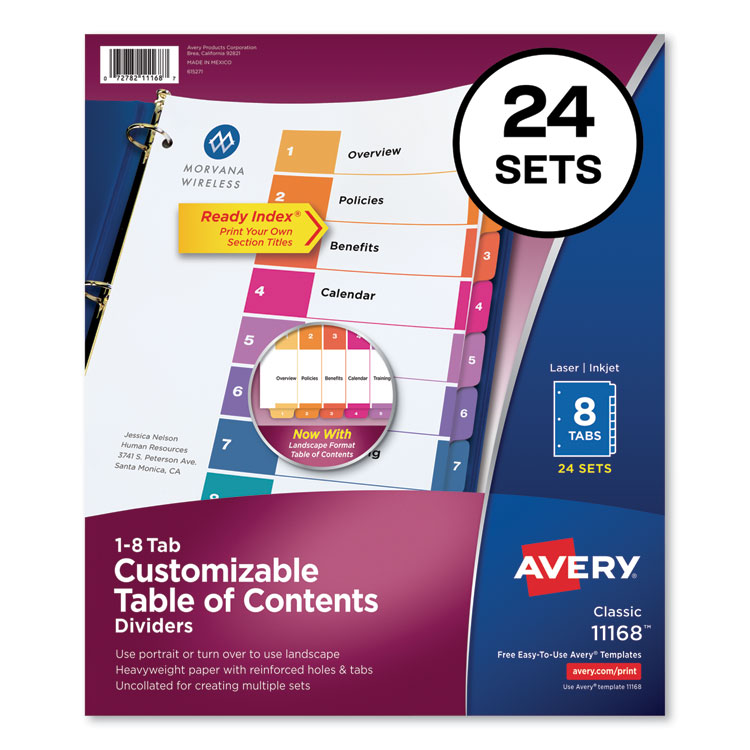 Avery Customizable TOC Ready Index Multicolor Tab Dividers, Uncollated, 8-Tab, 1 to 8, 11 x 8.5, White, 24 Sets (AVE11168)