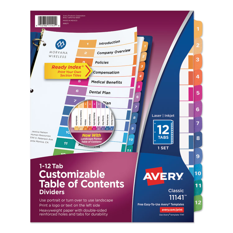 Avery Customizable TOC Ready Index Multicolor Tab Dividers, 12-Tab, 1 to 12, 11 x 8.5, White, Traditional Color Tabs, 1 Set (AVE11141)