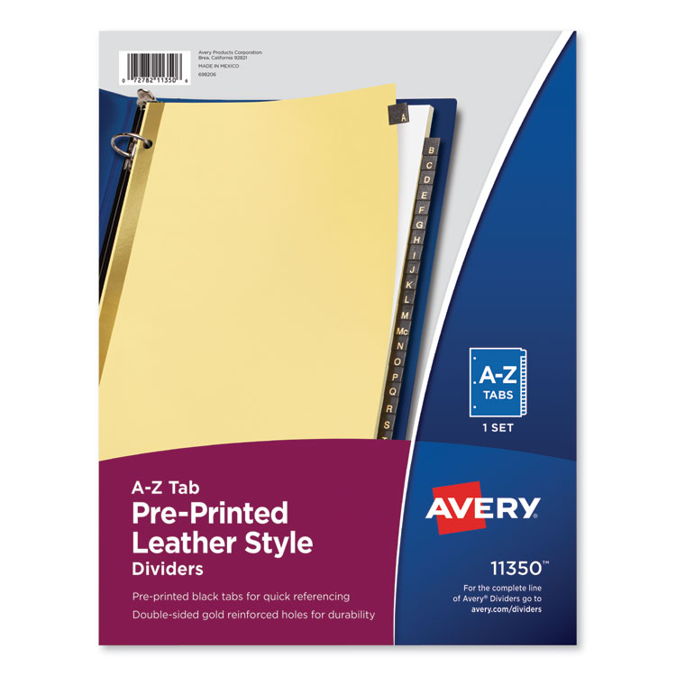 Avery Preprinted Black Leather Tab Dividers w/Gold Reinforced Edge, 25-Tab, A to Z, 11 x 8.5, Buff, 1 Set (AVE11350)