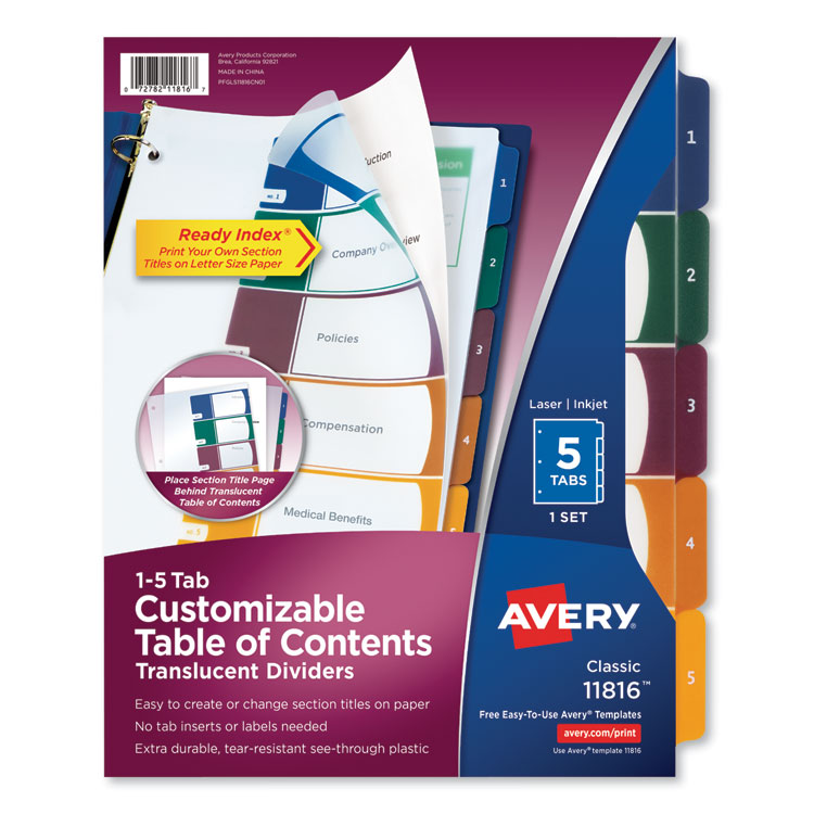 Avery Customizable Table of Contents Ready Index Dividers with Multicolor Tabs, 5-Tab, 1 to 5, 11 x 8.5, Translucent, 1 Set (AVE11816)