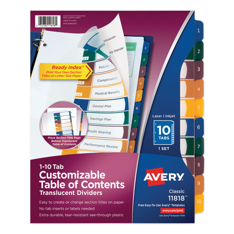 Avery Customizable Table of Contents Ready Index Dividers with Multicolor Tabs, 10-Tab, 1 to 10, 11 x 8.5, Translucent, 1 Set (AVE11818)
