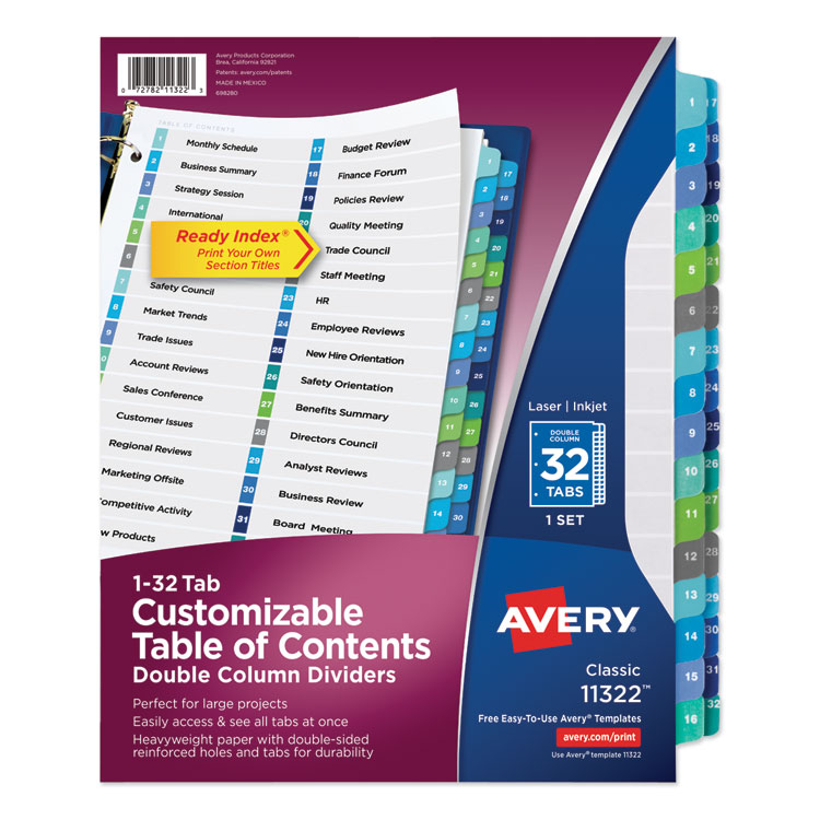 Avery Customizable TOC Ready Index Double Column Multicolor Tab Dividers, 32-Tab, 1 to 32, 11 x 8.5, White, 1 Set (AVE11322)