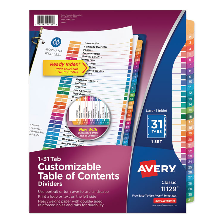 Avery Customizable TOC Ready Index Multicolor Tab Dividers, 31-Tab, 1 to 31, 11 x 8.5, White, Traditional Color Tabs, 1 Set (AVE11129)